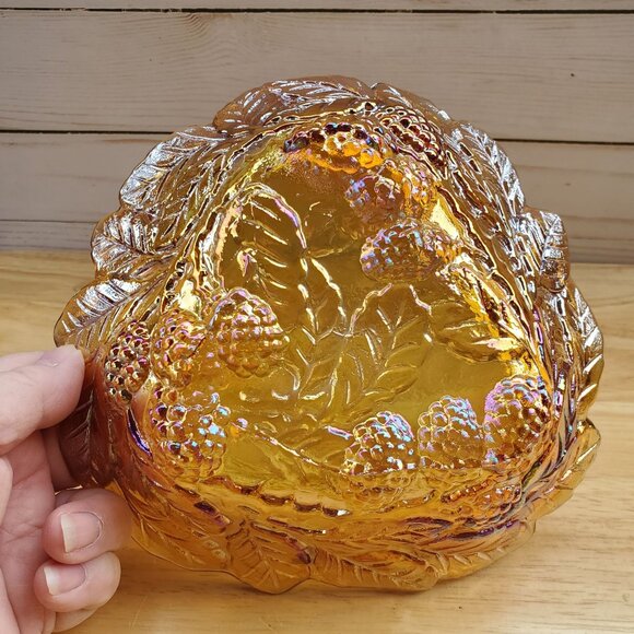 MCM Indiana Glass Loganberry Design Carnival Glass Dish Bowl Amber Iridescent - Picture 5 of 7